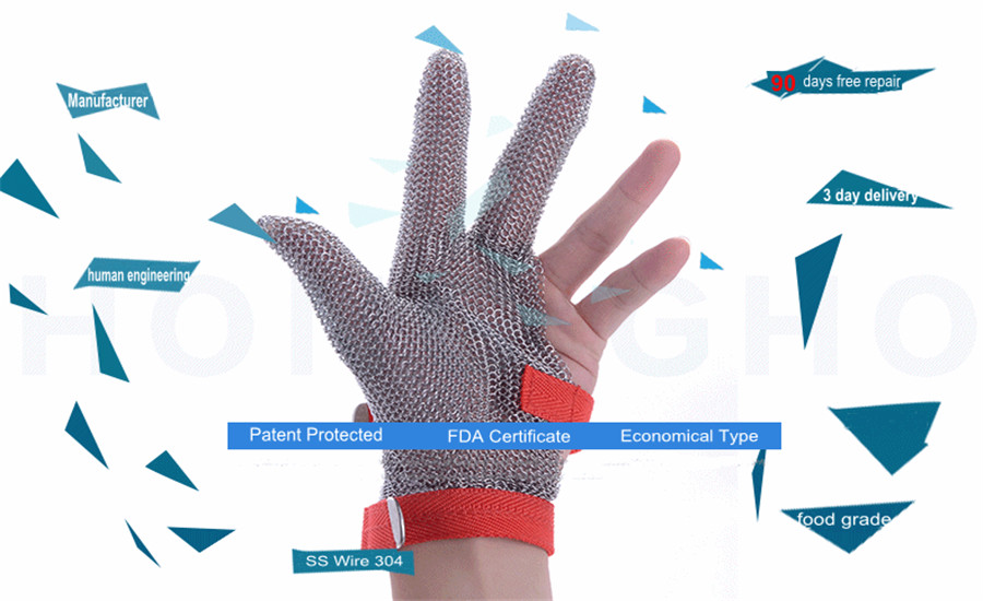 3301- Cut Resistant Ring Mesh Gloves with Silicone Rubber Strap Three Fingers Protection